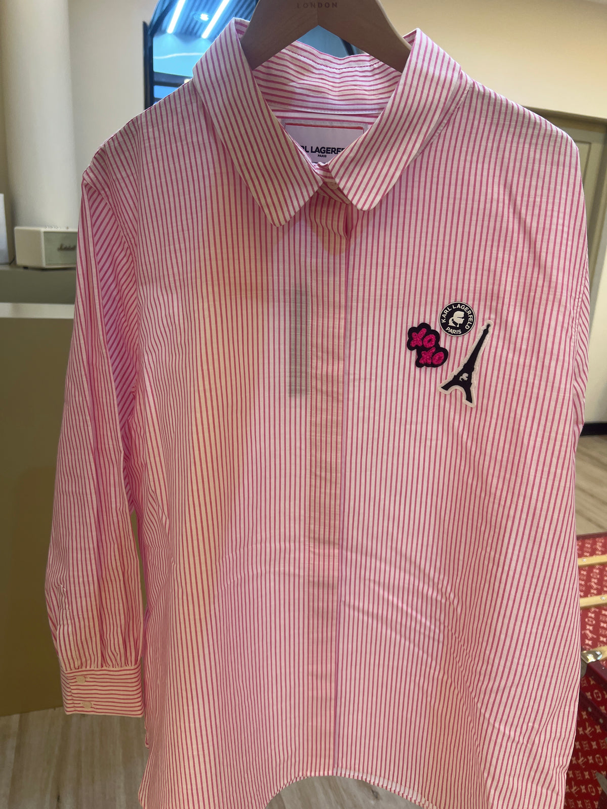 Karl Lagerfeld Paris Striped Contrast Blouse, featuring embroidered Eiffel Tower and logo patches