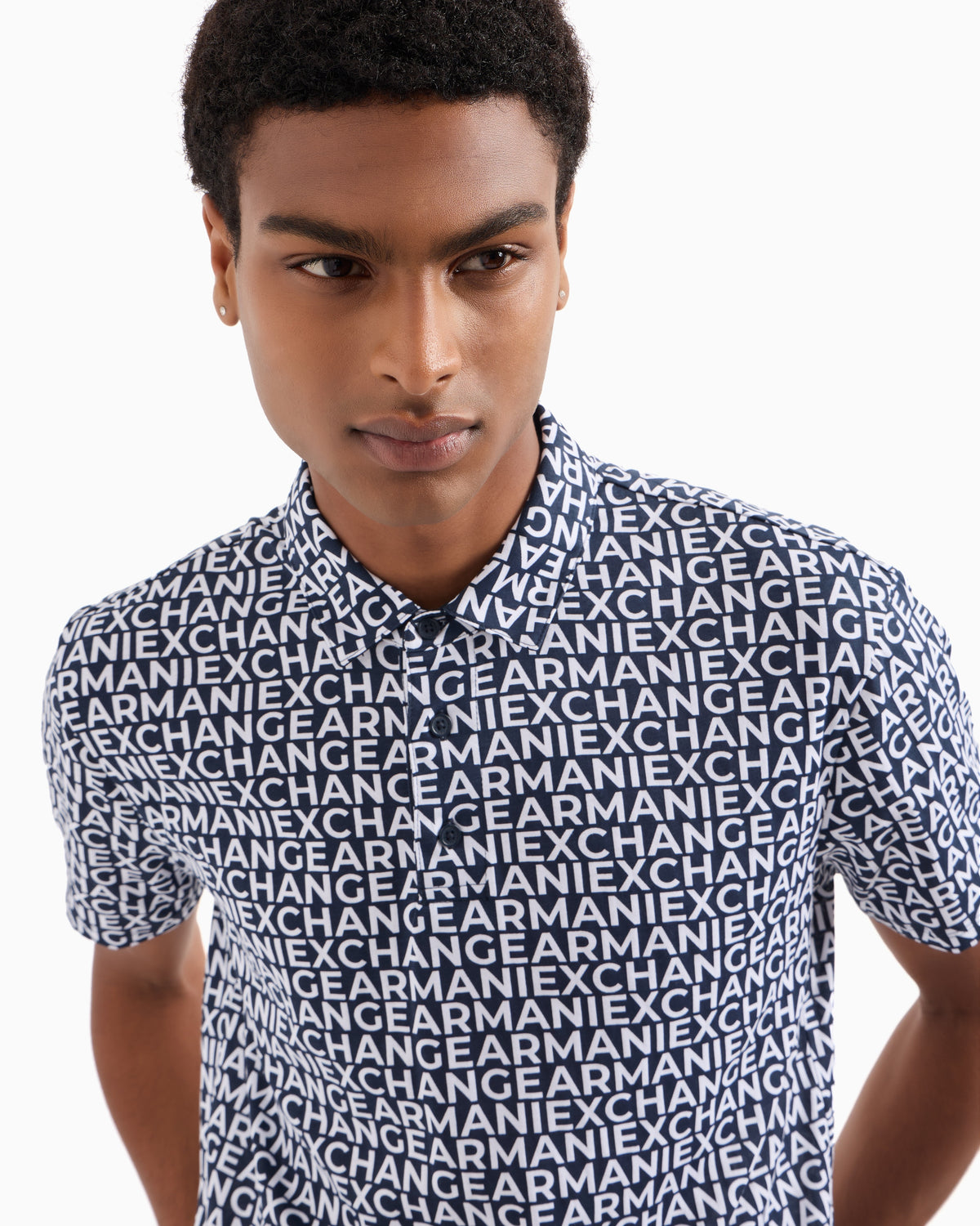 Armani Exchange men's short sleeve polo shirt with an all-over logo text print
