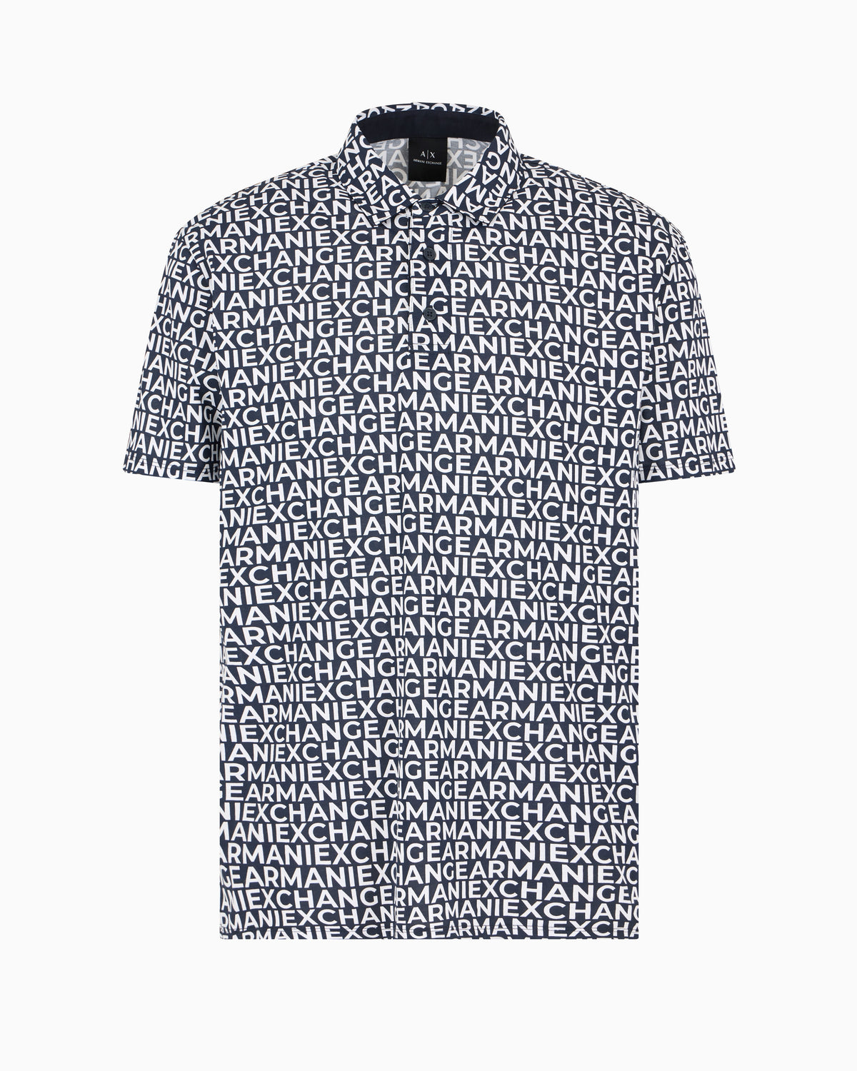 Armani Exchange men's short sleeve polo shirt with an all-over logo text print