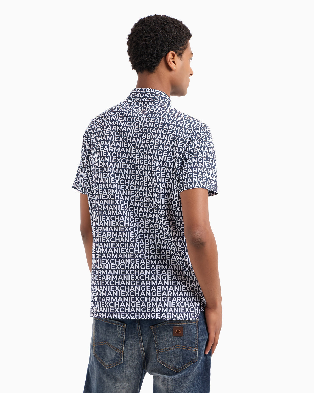 Armani Exchange men's short sleeve polo shirt with an all-over logo text print