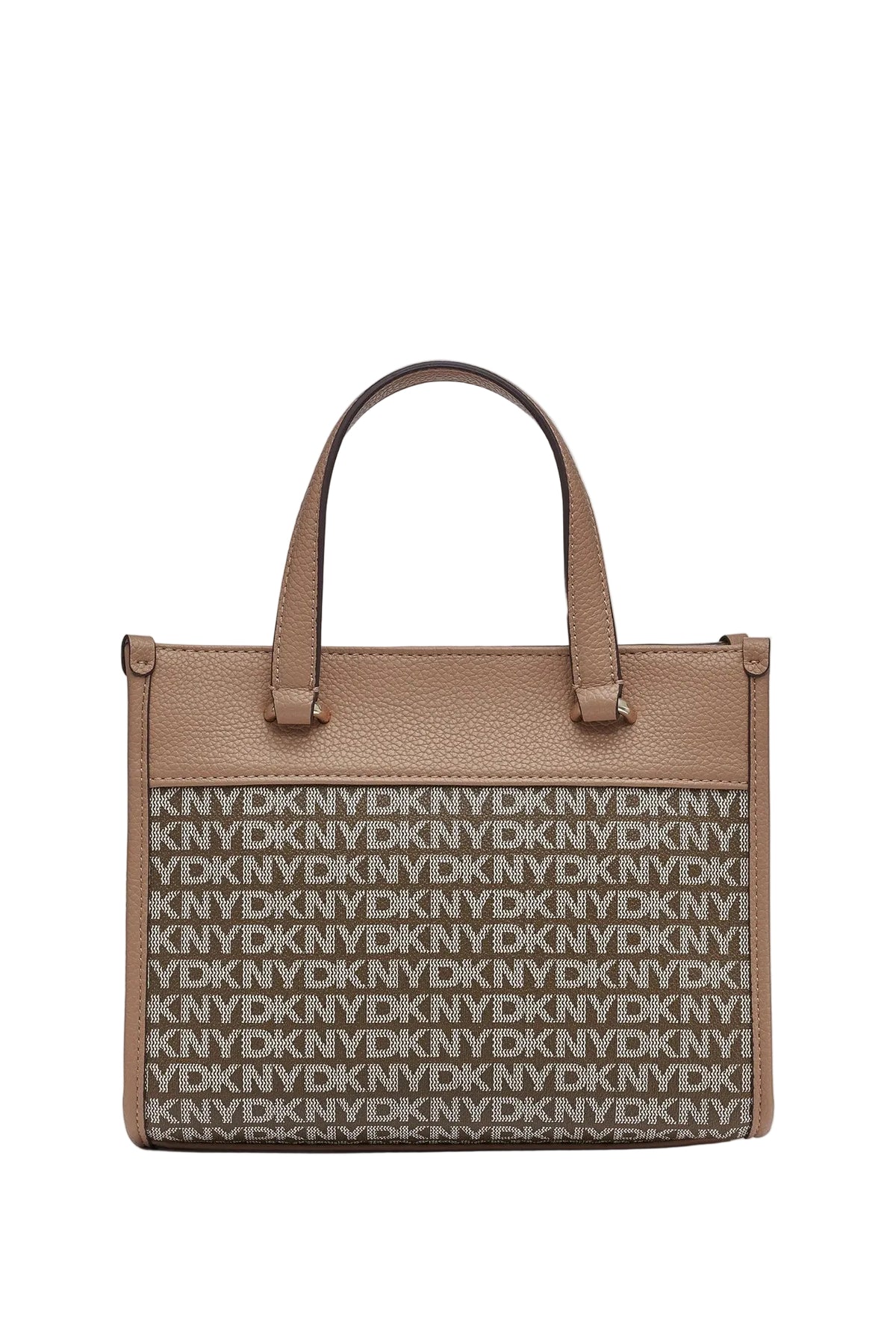 DKNY Zoie Mini Logo Tote in a cappuccino or marshmallow color, featuring a faux leather exterior and all-over logo embroidery