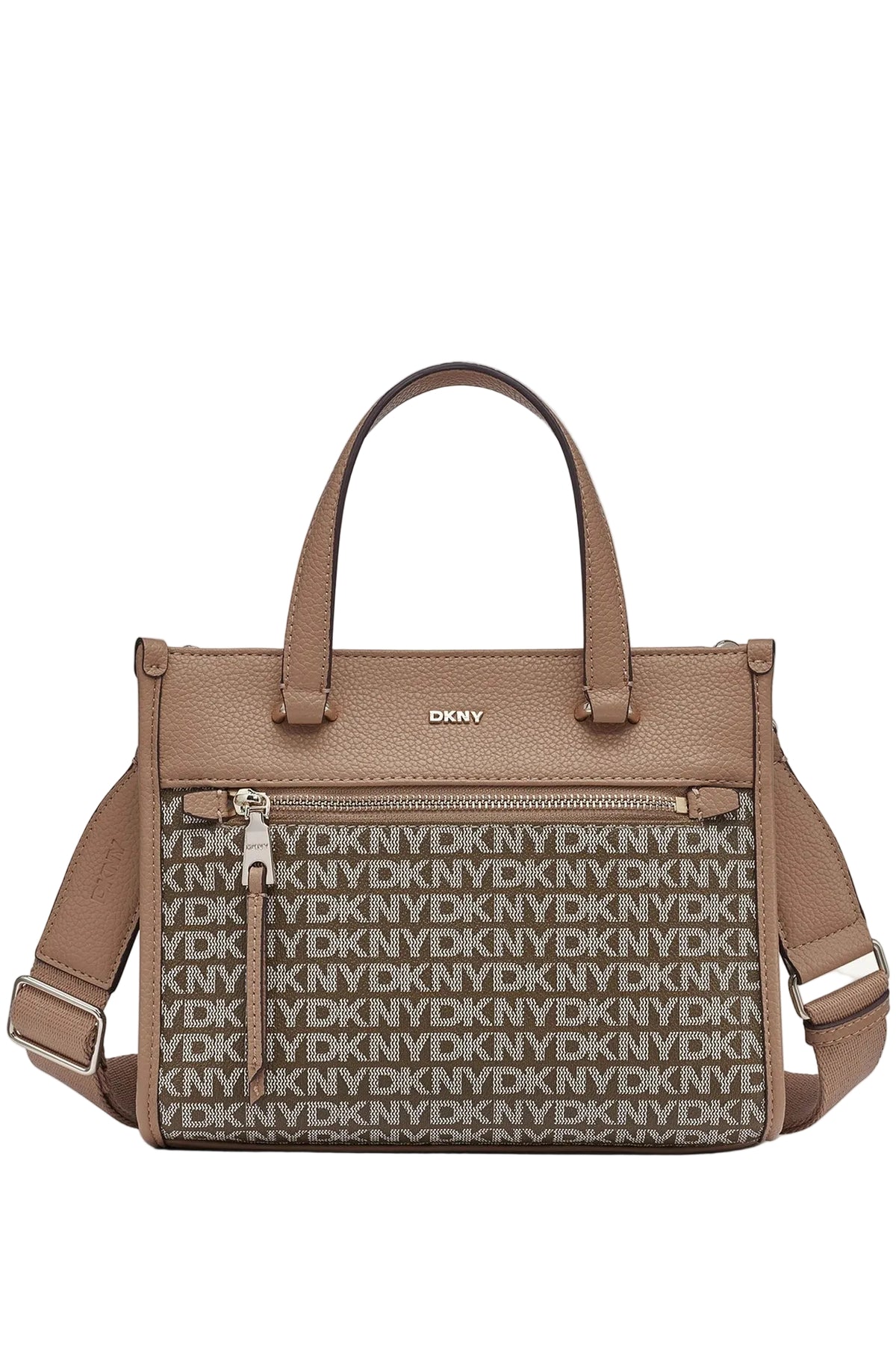 DKNY Zoie Mini Logo Tote in a cappuccino or marshmallow color, featuring a faux leather exterior and all-over logo embroidery