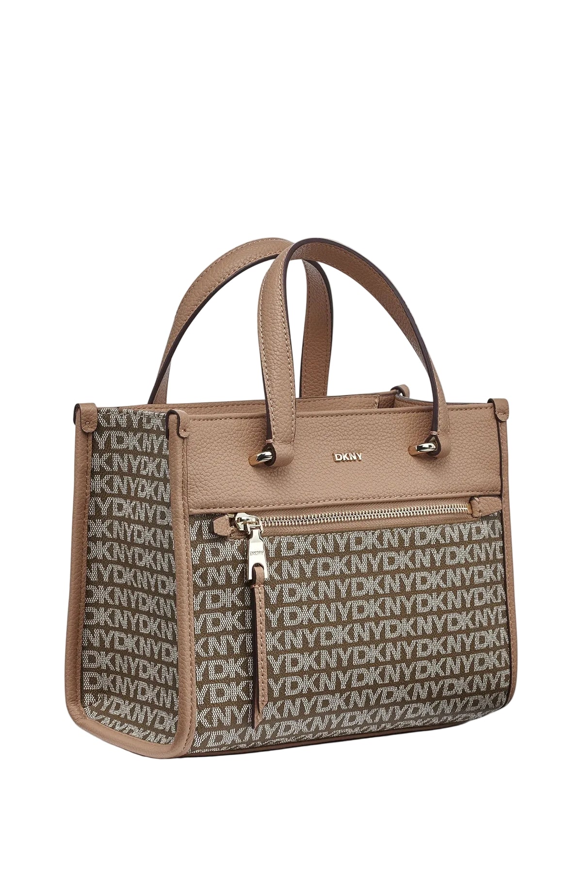 DKNY Zoie Mini Logo Tote in a cappuccino or marshmallow color, featuring a faux leather exterior and all-over logo embroidery