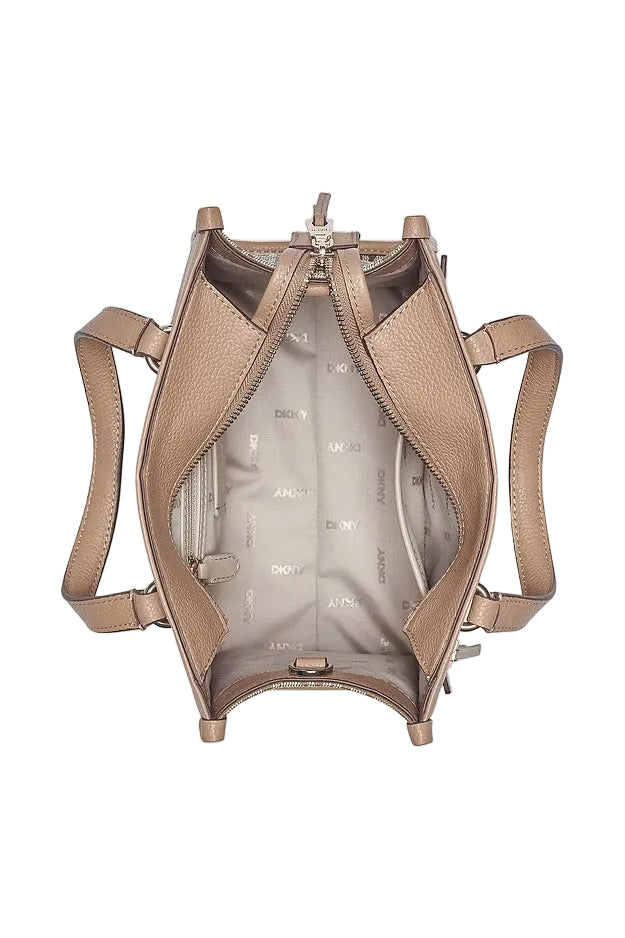 DKNY Zoie Mini Logo Tote in a cappuccino or marshmallow color, featuring a faux leather exterior and all-over logo embroidery