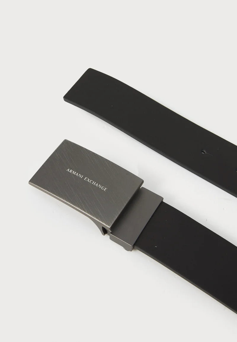Armani Exchange brand men's adjustable belt grey featuring a gunmetal-tone buckle with logo branding