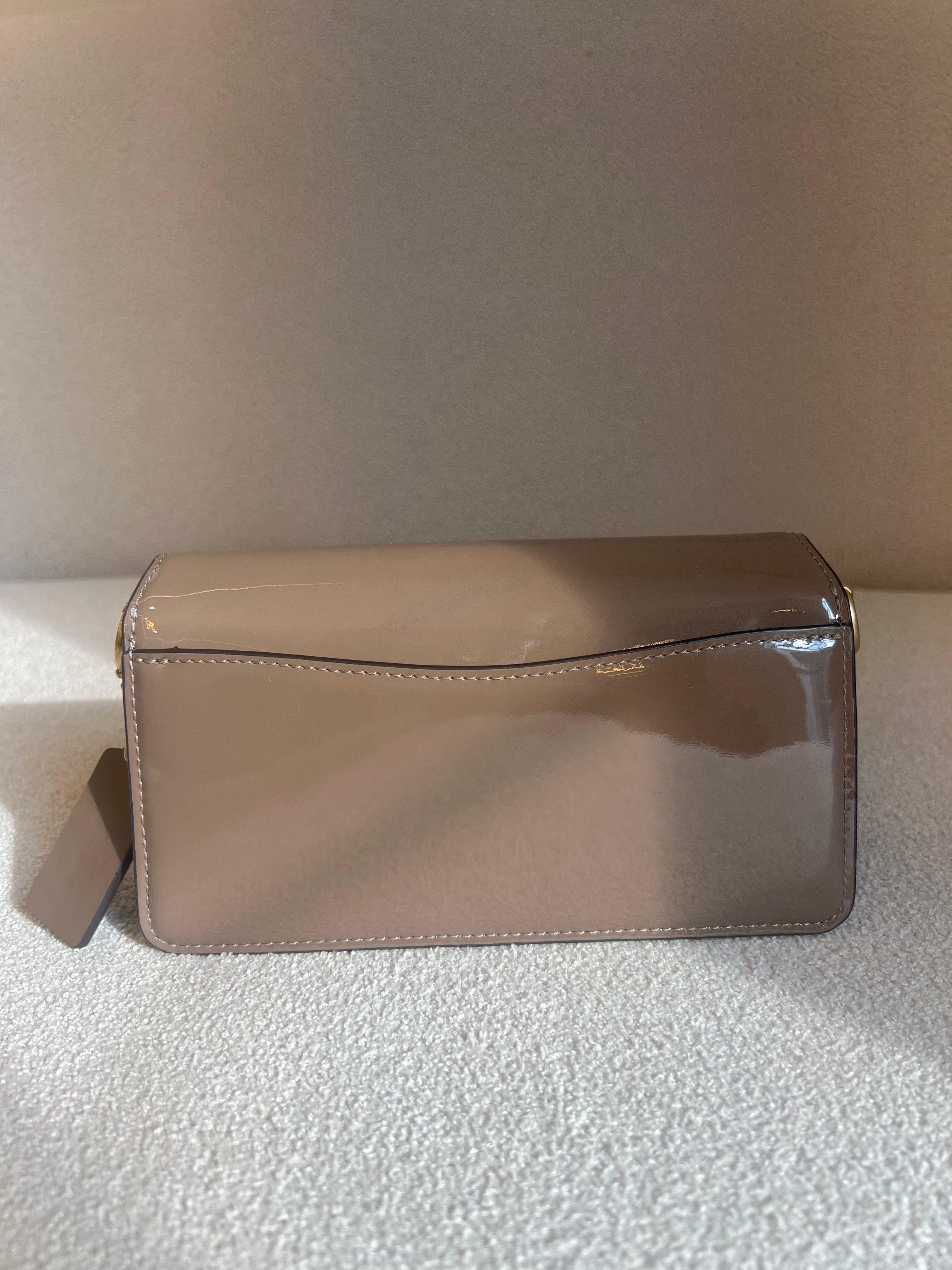 Coach Tabby Chain Clutch in dark stone patent signature leather