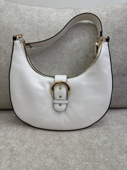 This is a white GUESS Kaline pebbled faux-leather shoulder bag