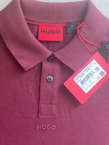 HUGO Men's Donos Logo Polo Shirt in a burgundy or dark red color