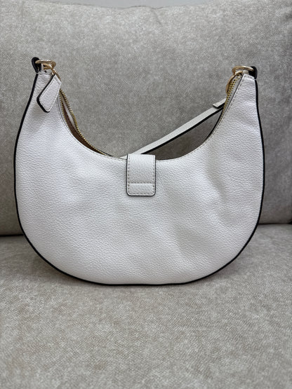 This is a white GUESS Kaline pebbled faux-leather shoulder bag