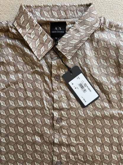 Armani Exchange beige shirt featuring an allover geometric logo print