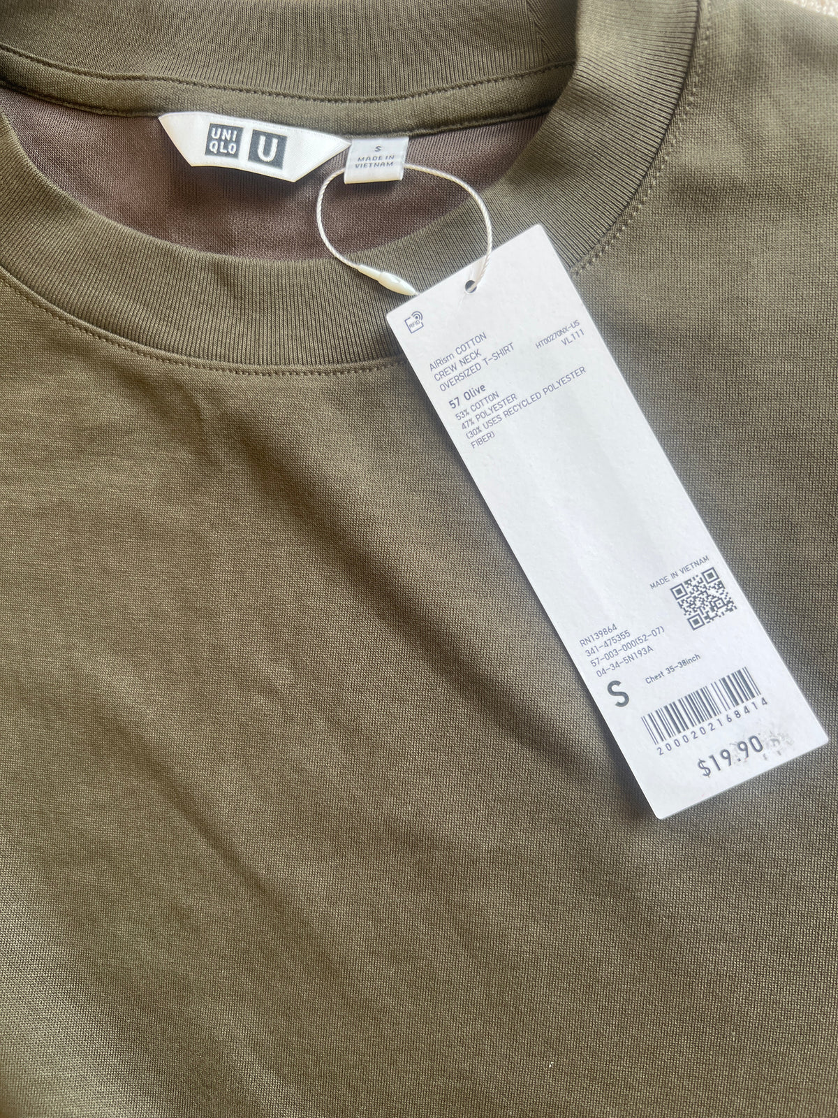 UNIQLO U AIRism Cotton Oversized Crew Neck T-Shirt in a brown or olive green color