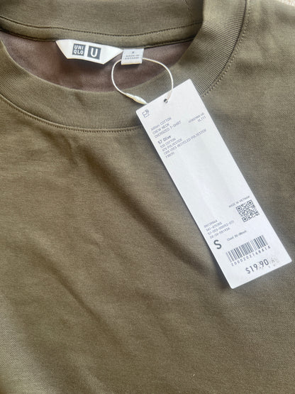 UNIQLO U AIRism Cotton Oversized Crew Neck T-Shirt in a brown or olive green color