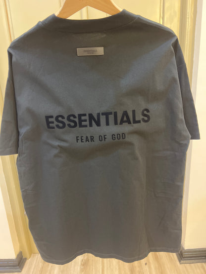 Fear of God Essentials Stretch Limo Black t-shirt features a subtle, flocked logo on the chest