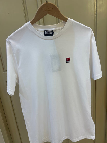 Diesel T-shirt features a small, red, white, and black jacquard logo patch on the chest