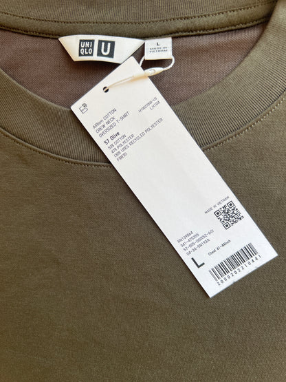 Uniqlo AIRism Cotton Oversized Crew Neck T-Shirt in a olive green color