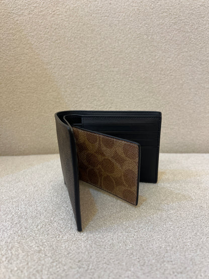 COACH Men's CA001 3-in-1 Wallet in Blocked Signature Mahogany Multi, featuring signature coated canvas and refined calf leather