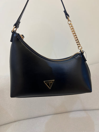 Black GUESS Noelle Top Zip Shoulder Bag, featured with gold-tone hardware and a combination chain and faux-leather shoulder strap