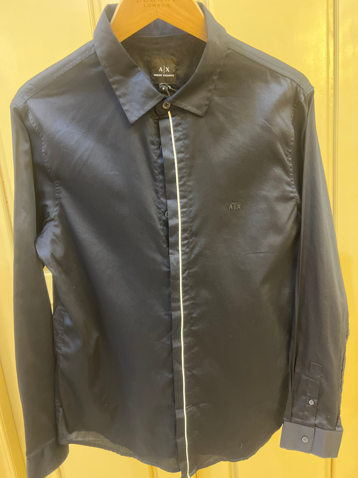 Armani Exchange long sleeve shirt in navy features a distinctive white contrast piping running down the center placket