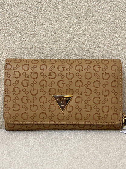 Guess Julie Phone Organizer Wallet, a brown faux-leather wristlet featuring an allover logo print and a gold-tone triangle logo on the front