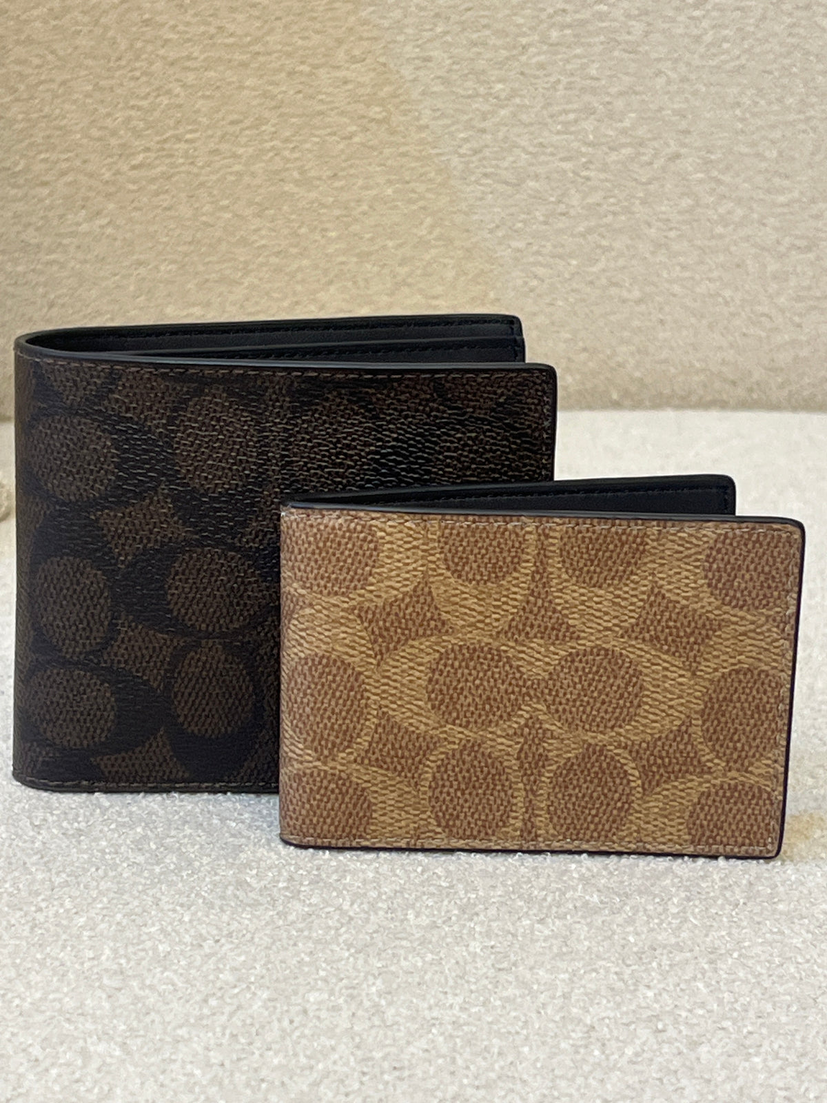 COACH Men's CA001 3-in-1 Wallet in Blocked Signature Mahogany Multi, featuring signature coated canvas and refined calf leather