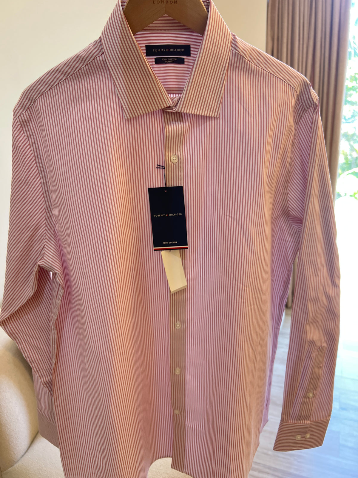 Tommy Hilfiger red and white striped long sleeve button-down dress shirt
