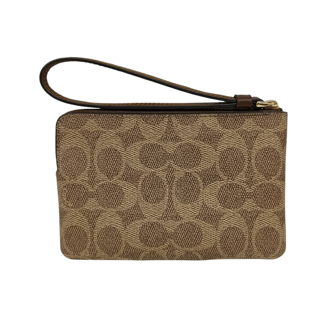 Coach Corner Zip Wristlet in signature canvas with a brown leather stripe