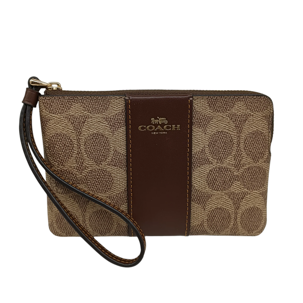 Coach Corner Zip Wristlet in signature canvas with a brown leather stripe