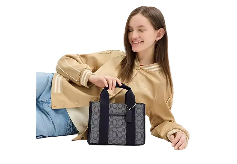 Coach Smith Tote Bag 24 in signature jacquard and smooth leather with a silver/black color scheme