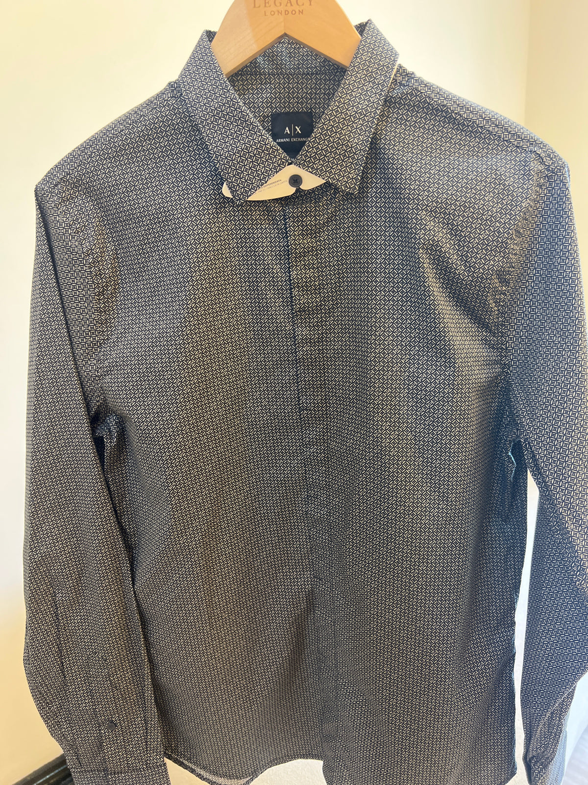Armani Exchange Micro Pattern Logo Stretch Poplin Long Sleeve Shirt, featuring a geometric print and stretch poplin fabric