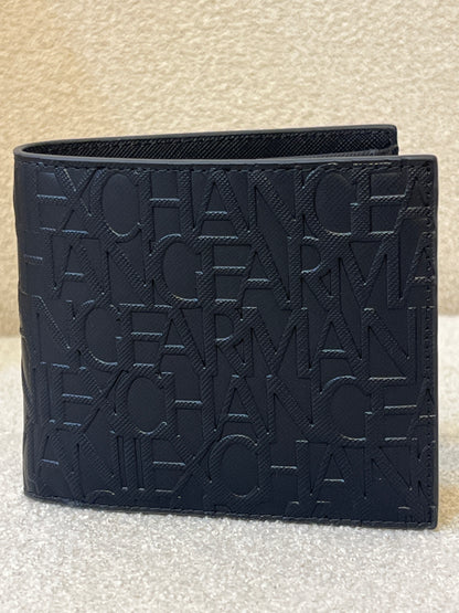 Armani Exchange bifold wallet, likely model 958098_CC838, featuring an all-over embossed logo design in black