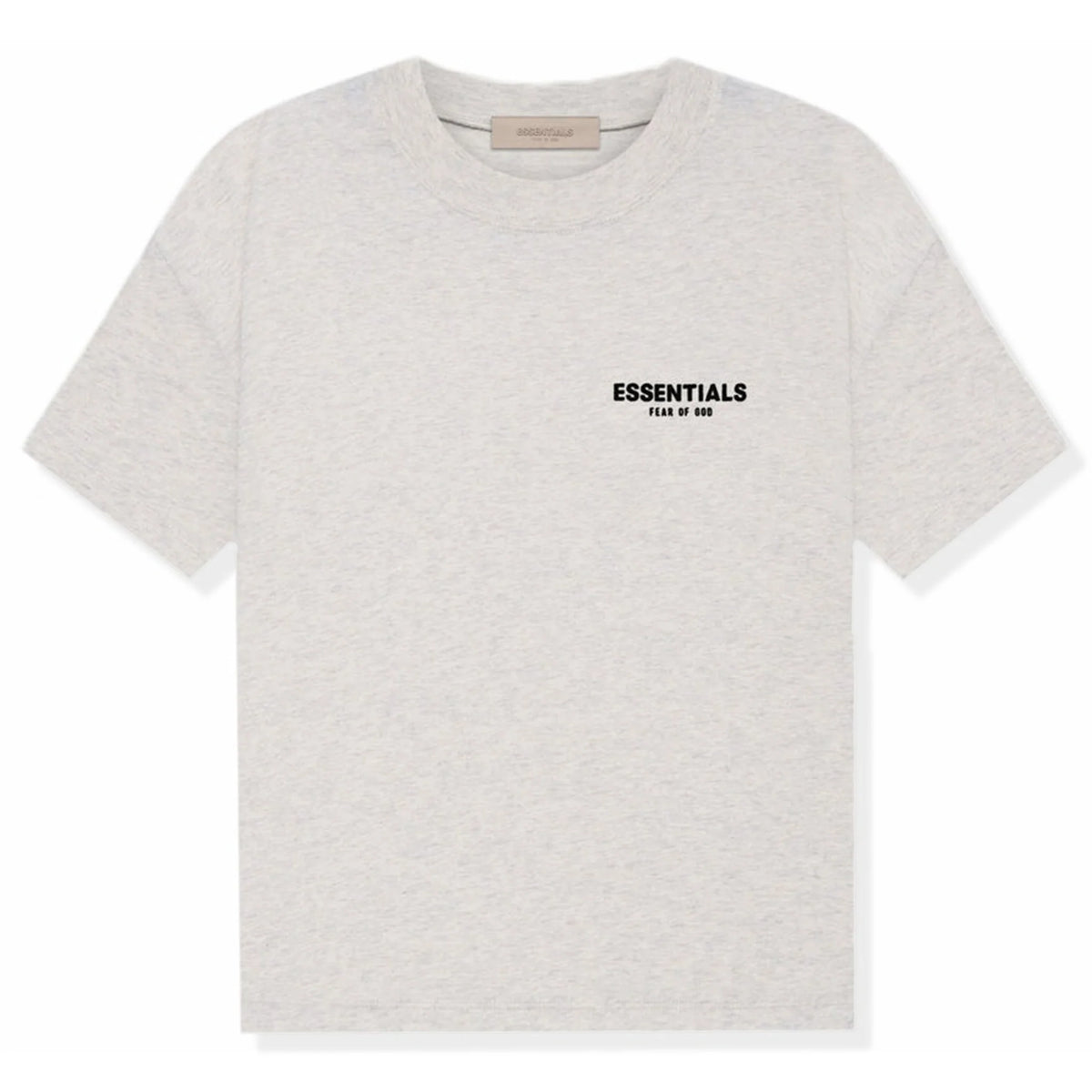 Fear of God Essentials t-shirt is rendered in a light oatmeal heather color and features a prominent branded logo on the chest
