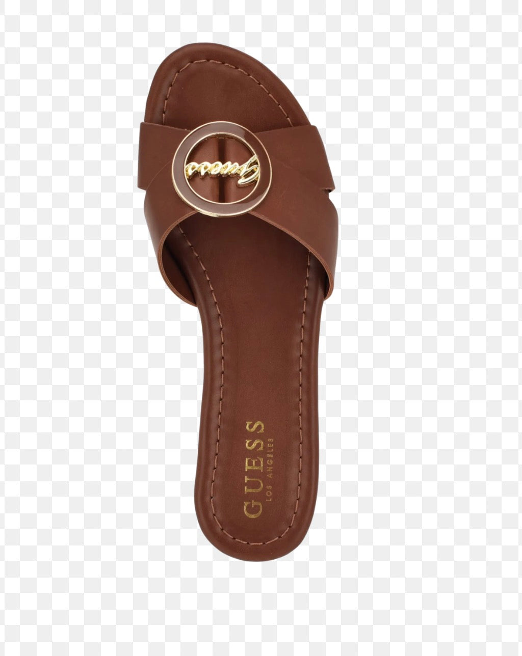 Guess brown slide sandals feature a distinctive gold-toned brand logo on the strap