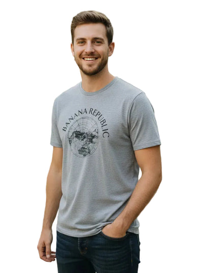 Gray Banana Republic graphic t-shirt featuring a world map logo