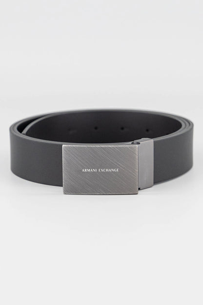 Armani Exchange brand men's adjustable belt grey featuring a gunmetal-tone buckle with logo branding