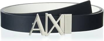 Armani Exchange belt is a reversible leather belt black and white featuring a prominent metallic logo hinge buckle