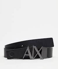 Armani Exchange belt is a reversible leather belt black and white featuring a prominent metallic logo hinge buckle