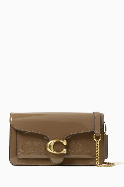 Coach Tabby Chain Clutch in dark stone patent signature leather