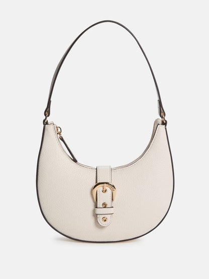 This is a white GUESS Kaline pebbled faux-leather shoulder bag
