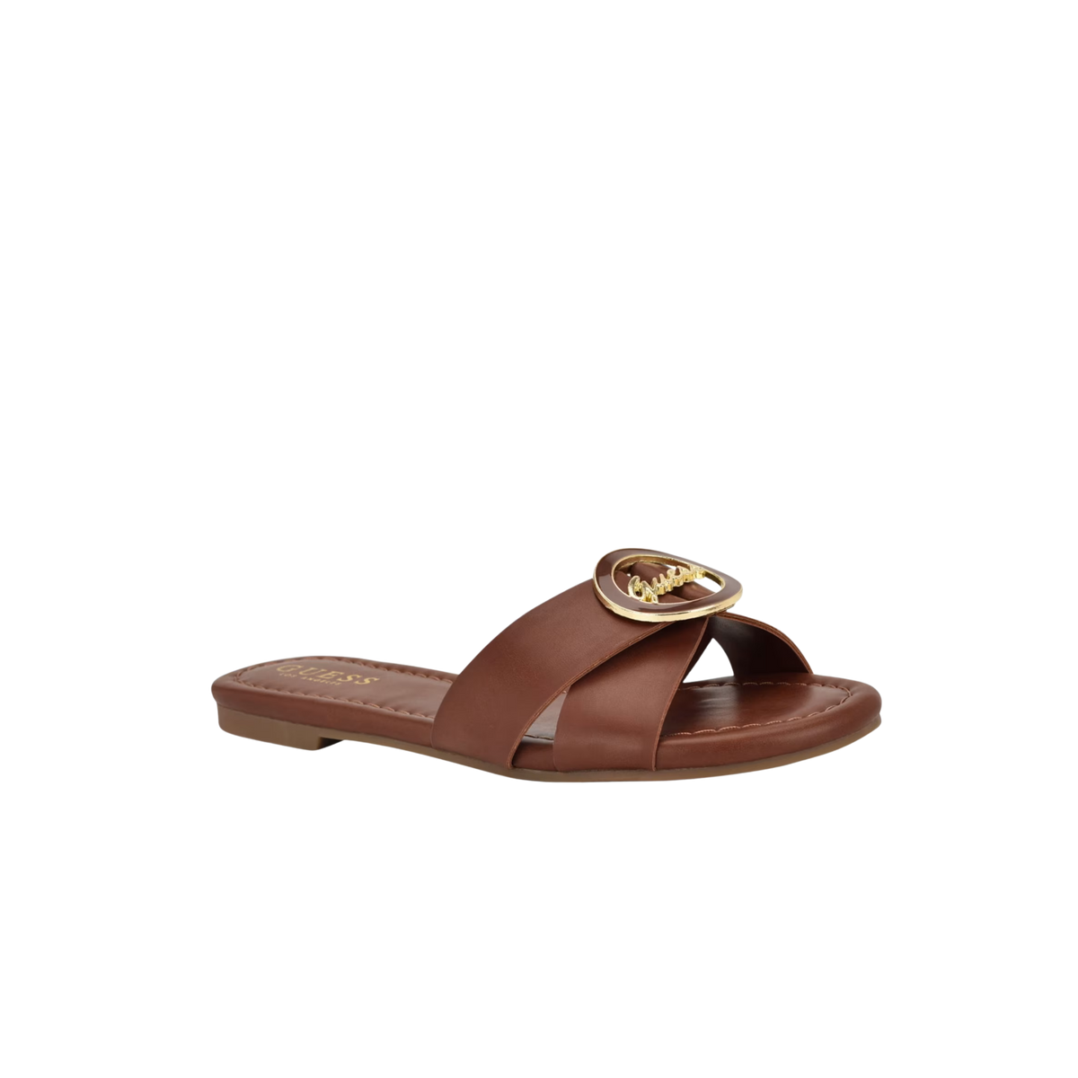 Guess brown slide sandals feature a distinctive gold-toned brand logo on the strap