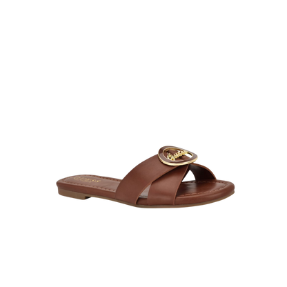Guess brown slide sandals feature a distinctive gold-toned brand logo on the strap