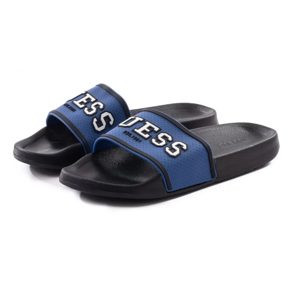 Pair of Guess Elliot slide sandals in black and blue
