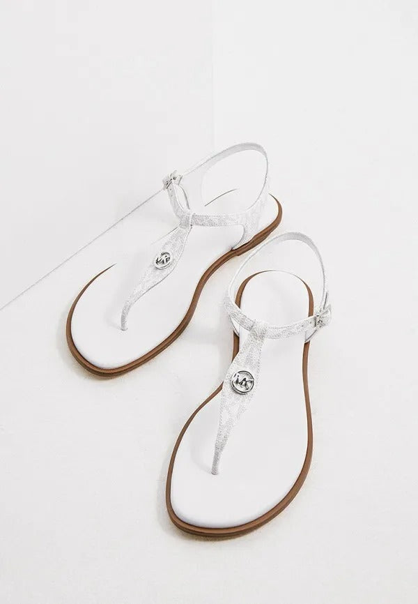Pair of Michael Kors Mallory Signature Logo T-Strap Sandals in Bright White