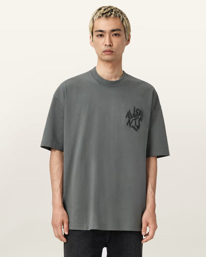 AllSaints Orlando T-shirt featuring a distinctive bubbly logo script on the chest featuring a prominent black graphic print on the back