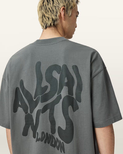 AllSaints Orlando T-shirt featuring a distinctive bubbly logo script on the chest featuring a prominent black graphic print on the back