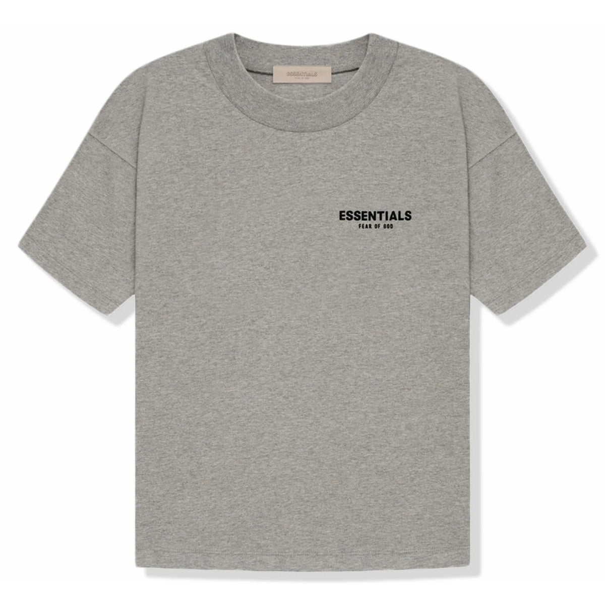 Fear of God Essentials T-shirt in dark oatmeal featuring a velvet logo on the chest