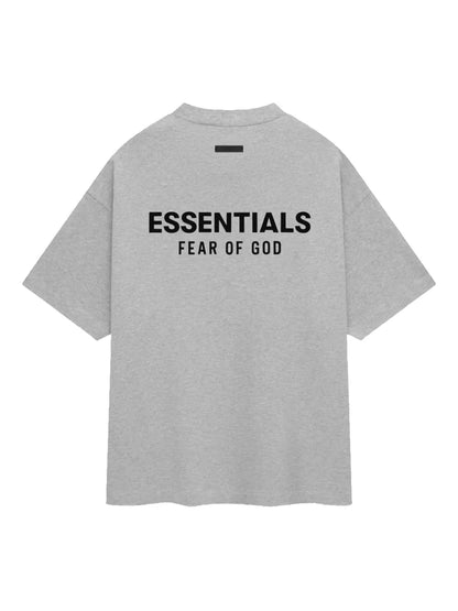 Fear of God Essentials t-shirt features a small black rubberized logo on the left chest