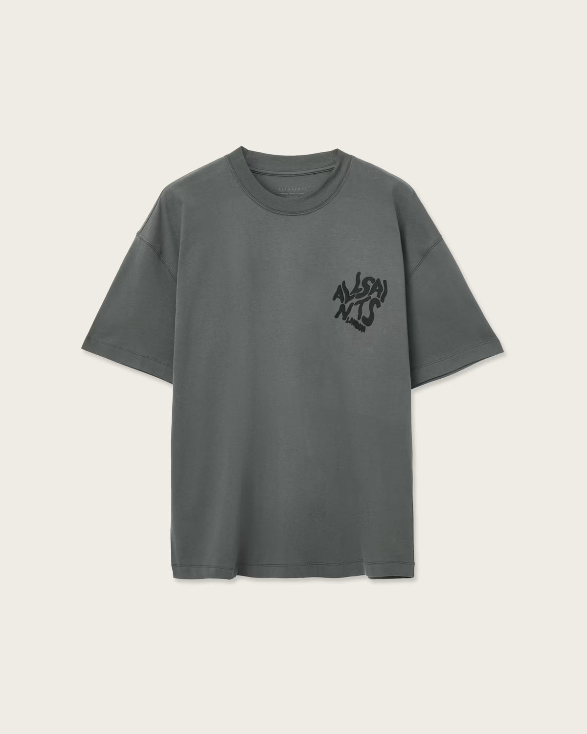 AllSaints Orlando T-shirt featuring a distinctive bubbly logo script on the chest featuring a prominent black graphic print on the back