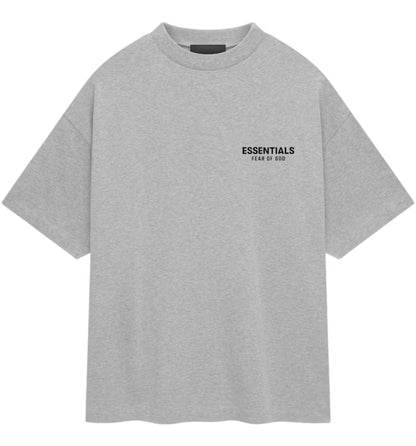Fear of God Essentials t-shirt features a small black rubberized logo on the left chest