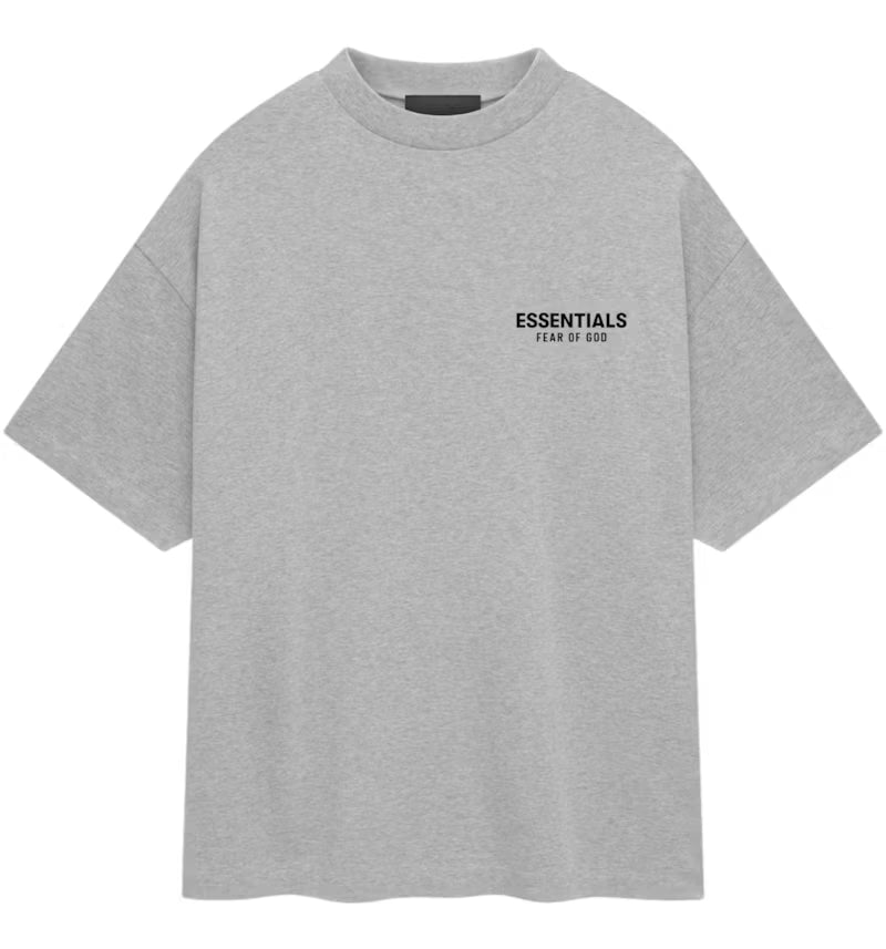 Fear of God Essentials t-shirt features a small black rubberized logo on the left chest