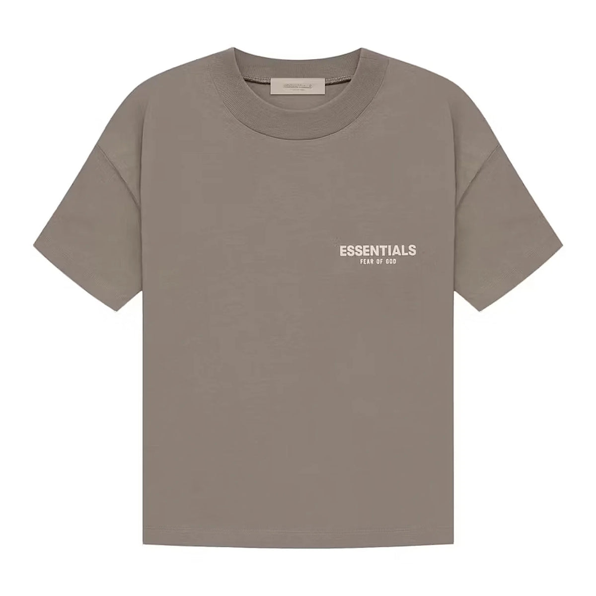 Fear of God Essentials Desert Taupe T-shirt featuring a prominent white logo on the chest